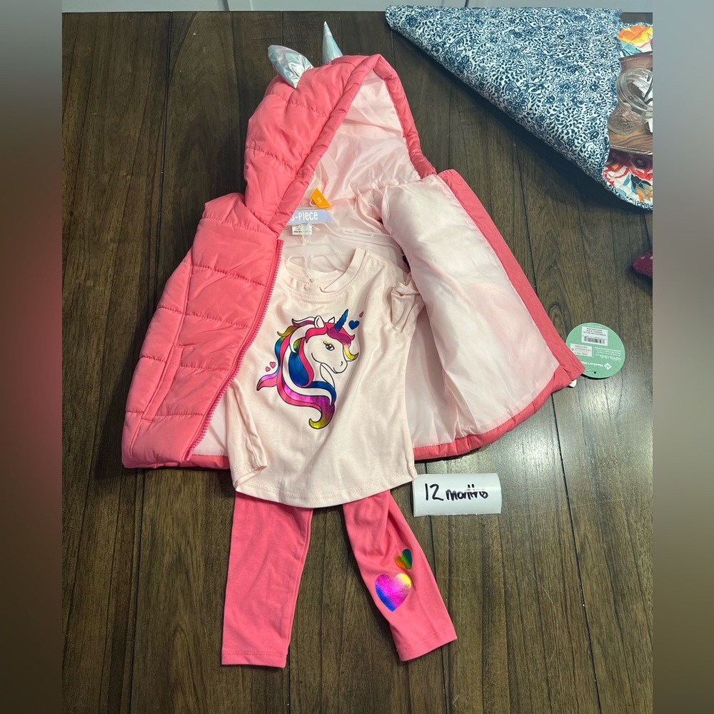 Granimals 3 piece vest, long sleeve and pants unicorn outfit. 12 months